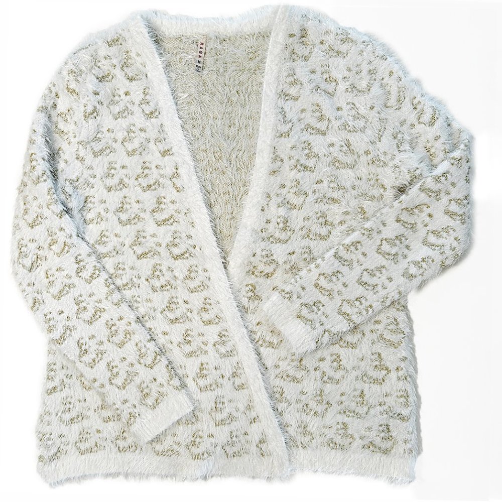 Holiday Sweater! White & Metallic Gold Eyelash Swing Cardigan by RAGA